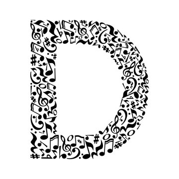 D letter made of musical notes on white background. Alphabet for art school. Trendy font. Graphic decoration.