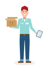 Delivery man with parcel. Fast transportation. Isolated cartoon character on white background. Postman, courier with clipboard and package.