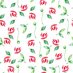 Floral vintage seamless pattern made with watercolors. Red decorative roses, pattern of leaves and flowers