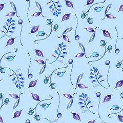 
Vintage seamless pattern of plants and leaves, made with watercolors.