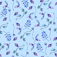 
Vintage seamless pattern of plants and leaves, made with watercolors.