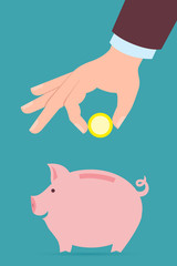 Hand with coin and piggy bank. Hand holding coin. Concept of savings, earnings. Collect to pig bank.