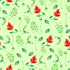     Floral vintage seamless pattern made with watercolors. Red decorative roses, pattern of leaves, buds and flowers 