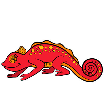Cartoon animals for kids. Little cute red chameleon.
