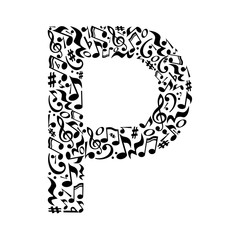 P letter made of musical notes on white background. Alphabet for art school. Trendy font. Graphic decoration.