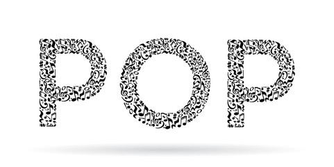 Word made of musical notes on white background. Black notes pattern. Black and white design. Word pop shape. Poster and decoration idea.