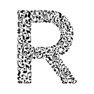 R letter made of musical notes on white background. Alphabet for art school. Trendy font. Graphic decoration.