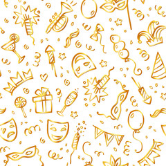 Golden carnival symbols in doodle style on white background, seamless pattern