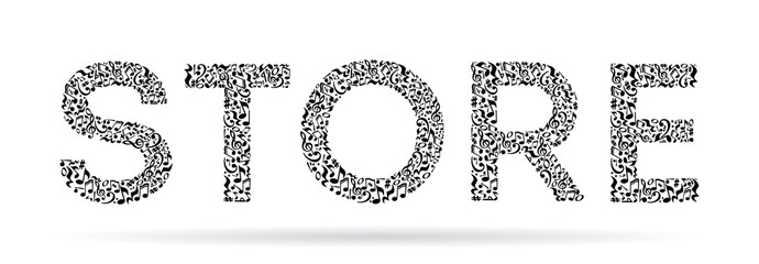 Word made of musical notes on white background. Black notes pattern. Black and white design. Word store shape. Poster and decoration idea.