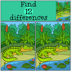 Naklejka premium Children games: Find differences. Little cute alligator.