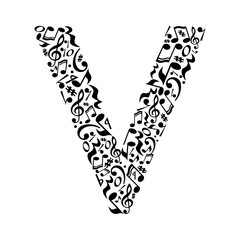 V letter made of musical notes on white background. Alphabet for art school. Trendy font. Graphic decoration.