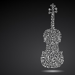 Isolated violin made of notes on black background. White notes pattern. Black and white design. Note shape. Poster and decoration idea.