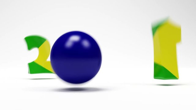Cartoon Digits And Blue Ball Assemble In Flag Of Brazil. 3D Animation. 