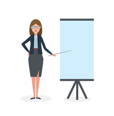 Businesswoman with pointer and easel board on white background. Teacher or businesswoman showing and presenting. Office person.