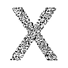 X letter made of musical notes on white background. Alphabet for art school. Trendy font. Graphic decoration.