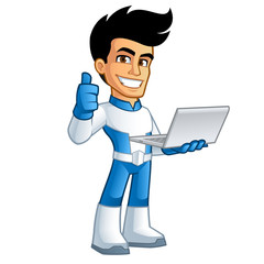 Héroe con un ordenador portátil en la mano