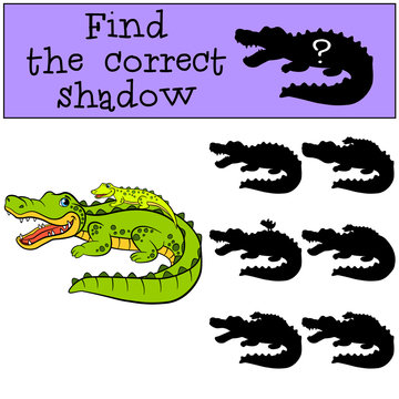 Children games: Find the correct shadow. Mother alligator with her little cute baby alligator.