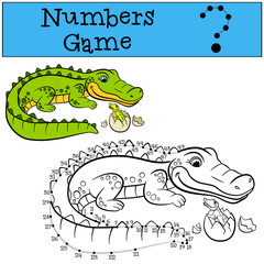 Educational games for kids: Numbers game with contour. Mother alligator with her little cute baby alligator.