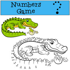Educational games for kids: Numbers game. Mother alligator with her little cute baby alligator.