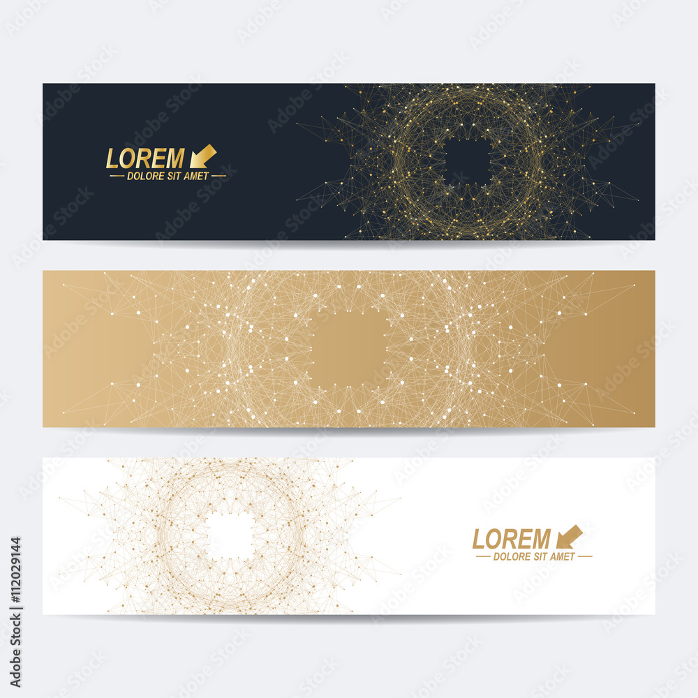 Poster modern set of vector banners. molecule and communication background. geometric abstract round golden