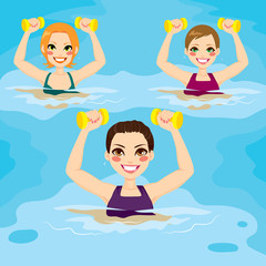 Small group of women making aqua gym exercises with dumbbells at swimming pool