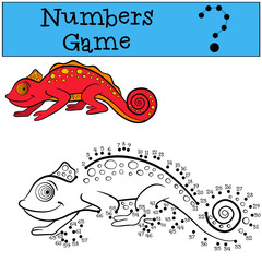 Educational games for kids: Numbers game. Little cute red chameleon smiles.