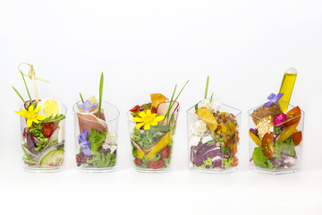 Mini Canape with meat and vegetables in plastic cups