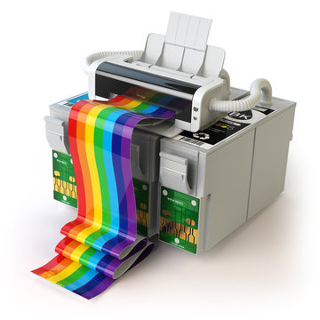 Printer and CMYK cartridges for colour inkjet printer isolated o