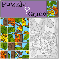 Obraz premium Education games for kids. Puzzle. Two little cute chameleons.