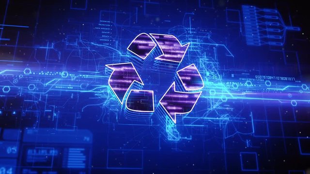 Abstract animation of recycle icon in digital cyberspace
