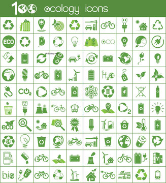 100 ecology green icons set on white background