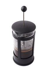 French press pot coffee filled with hot beverage composition isolated over the white background