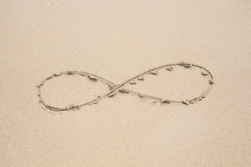 infinity symbol written on sand.