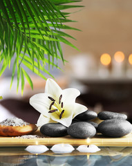 Composition with spa stones and flower on blurred background