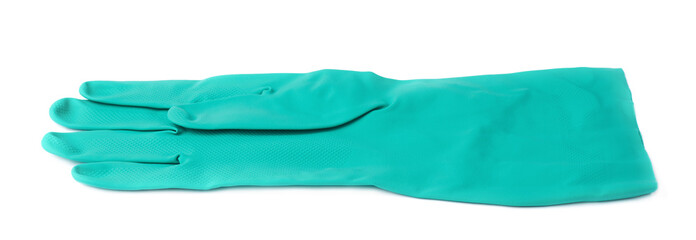 Rubber latex green glove over white isolated background