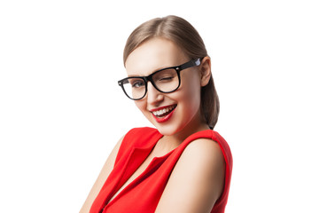 Winking beautiful woman in red dress and glasses