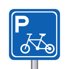Blue bicycle park sign with pole