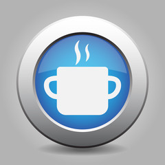 blue metal button with cooking pot