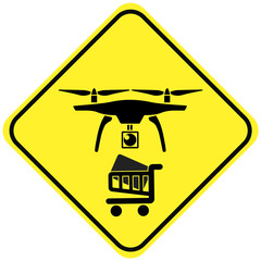 Beware the Delivery Drone. Concept sign of an unmanned aerial vehicle utilized to transport goods