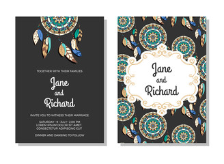 Fototapeta na wymiar Wedding invitation, save the date cards. Colorful vector illustration of dreamcatchers with classic frame on dark background. Ethnic style wedding stationery