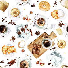 Watercolor Seamless pattern - Morning Coffee