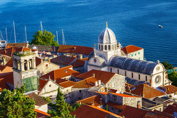 Obraz premium Panorama of the mediterranean city of Sibenik and cathedral of St. James. Croatia
