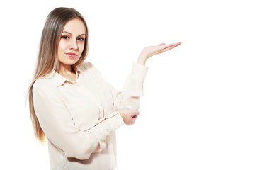 woman showing a product