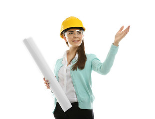 Female engineer with blueprint isolated on white