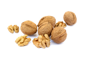 Several walnuts isolated on white background