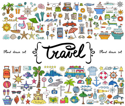 Vector set with hand drawn colored doodles on the  theme of travel, tourism. Sketches for use in design