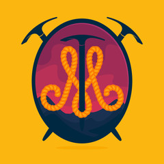 M letter logo formed by rope with mountains and axe.