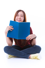 Young asian student girl with book. Isolated on white background