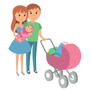 Family with baby in stroller. Mother and father with baby stroller. Vector illustration