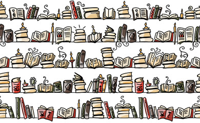 Seamless pattern with books on bookshelves, sketch design